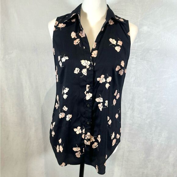 Ann Taylor navy and pink floral button down top size XS - Picture 3 of 7